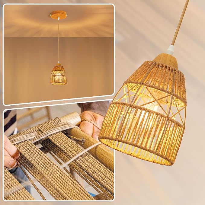 Boho Rattan Pendant Light for Kitchen Island Cone Hanging Lamp | Handwoven Rattan Shade Adjustable Height 10-57 Inch E26 Base Farmhouse Chandeliers for Kitchen Islands And Dining Rooms