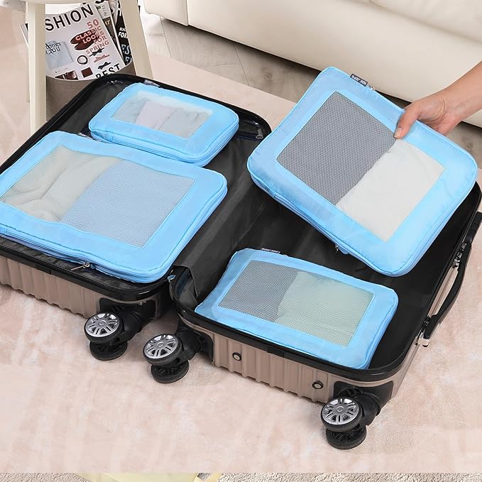 4 Set Ultralight Compression Packing Cubes Travel for Suitcases ，Compressible Mesh Packing Cubes for Travel Women Packing Organizers (Blue)