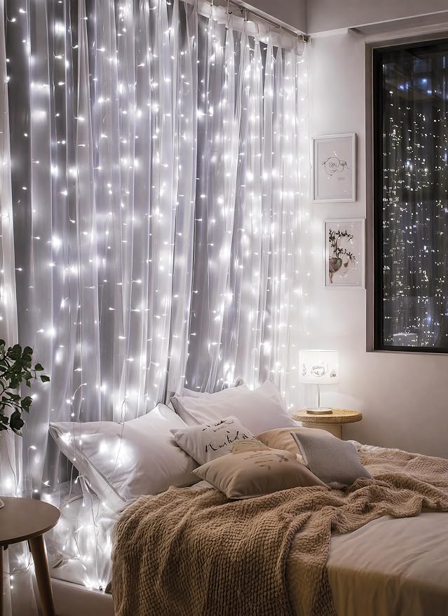 Brightown 300 LED White Fairy Curtain Lights, 9.8ft x 9.8ft String Lights | Winter Wonderland Decorations USB Plug in 8 Lighting Modes Christmas Hanging Lights with Remote for Bedroom Indoor Outdoor