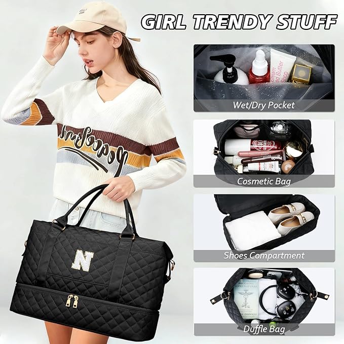 Gifts for Women Teen Girls Initial Travel Duffle Bag Quilted Weekender Bags Carry-On Overnight with Cosmetic Bag Hospital Bag for Women Labor Delivery, Black N