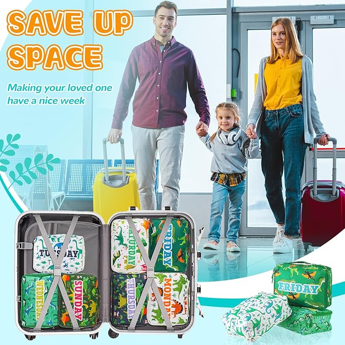 Paterr 7 Pcs Packing Cubes for Travel Kids Days of Week Compression Packing Cubes Colorful Luggage Organizers Suitcase Camp(Dinosaur)