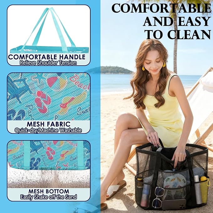 Fammart Mesh Beach Bag, Large Beach Tote with Zipper Pocket, Toys Pool Bag for Family Travel Vacation Cruise Essentials