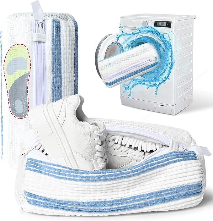 Anybar Shoe Washing Machine Bag –2 Pcs Reusable Laundry Shoe Bag 360° Deep Cleaning Sneaker Washing Machine Bag Fits All Shoe Types Microfiber Inside with Self-locking Zipper(Blue White)