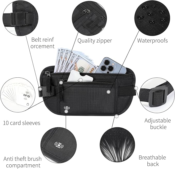 Money Belt for Travel Fanny Pack for Men Hidden Travel Pouch Fanny Pack for Women Hidden Rfid Passport Holder for Travel (Black)