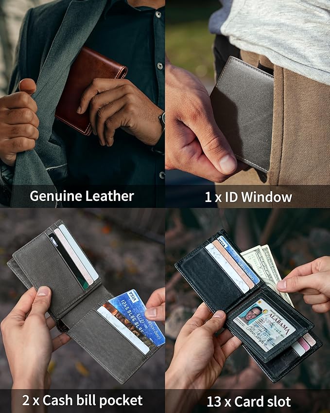 Artpaxy Mens Wallet Bifold Genuine Leather RFID Blocking Wallet for Men with 1 ID Windows 13 Card Holders 2 cash pockets 1 Gift Box