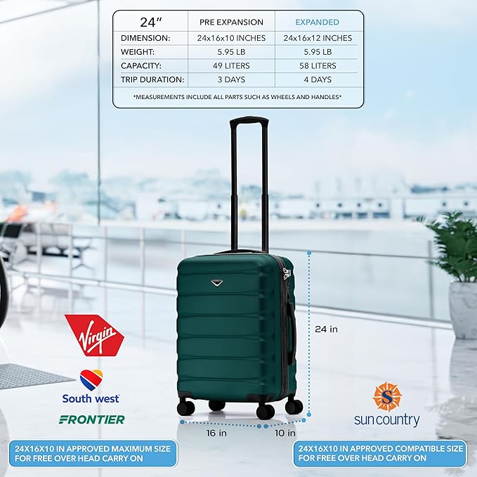 Flight Knight 24x16x10 Expandable Carry On Suitcase Hardside TSA Lock USB C Lightweight Luggage Silent Double Spinner Wheels Maximum Overhead Carry-On Bag Virgin South West Approved Forest Green