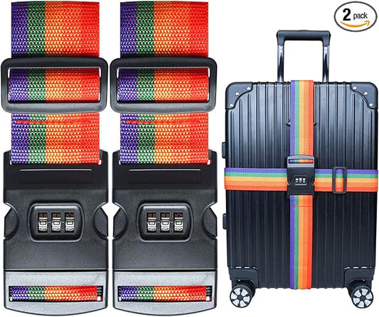 2 PCS Luggage Strap 78" x 2" Suitcase Belts Wide Adjustable Packing Straps Travel Accessories, Colourful&Combination Lock
