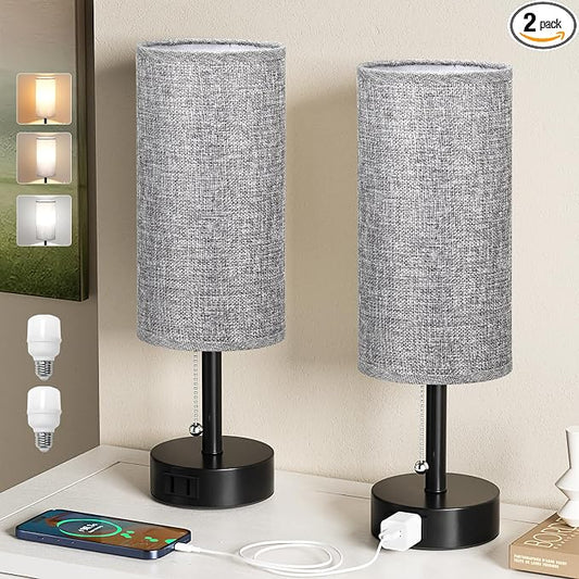 Grey Bedside Table Lamps Set of 2 - Bedroom Lamp for Desk, AC Outlet | 3CCT(3000K/4000K/5000K), LED Bulbs Included, Grey Fabric Lampshade, 14in Small Lamp for Nightstand, Guest Room, Living Room