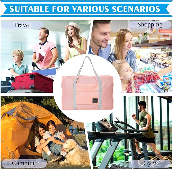 Foldable Travel Duffel Bag Tote Carry on Luggage Bag Spirit Airlines Personal item Sports Gym Bag Water Resistant Weekender Overnight Bags for Women and Men (Pink)