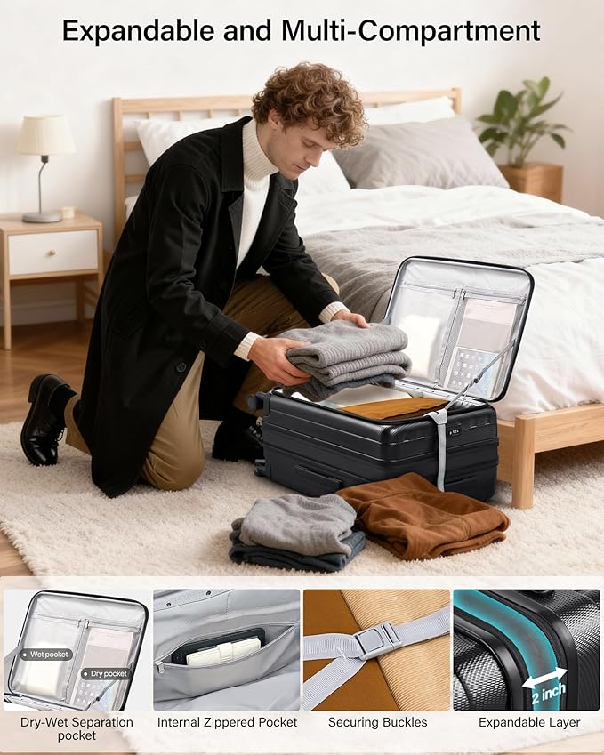 Hanke 26 Inch Expandable Luggage Top Opening Checked Bag Luggage Hard Shell Suitcases with Wheels Lightweight Travel Luggage Heavy Duty Luggage Suitcase with Lock for Woman Men-Jet Black