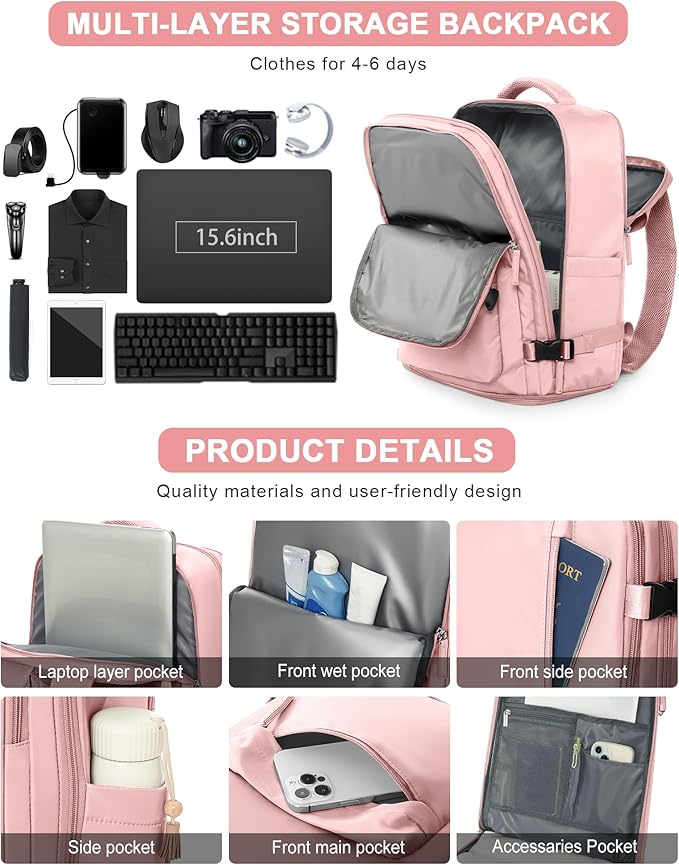 VGCUB Large Travel Backpack Bag for Women Men,Carry on Backpack,17 Inch Laptop Business Work Waterproof Backpack with Laptop Compartment,Person Item Flight Approved,Mochila de Viaje,Pink Large