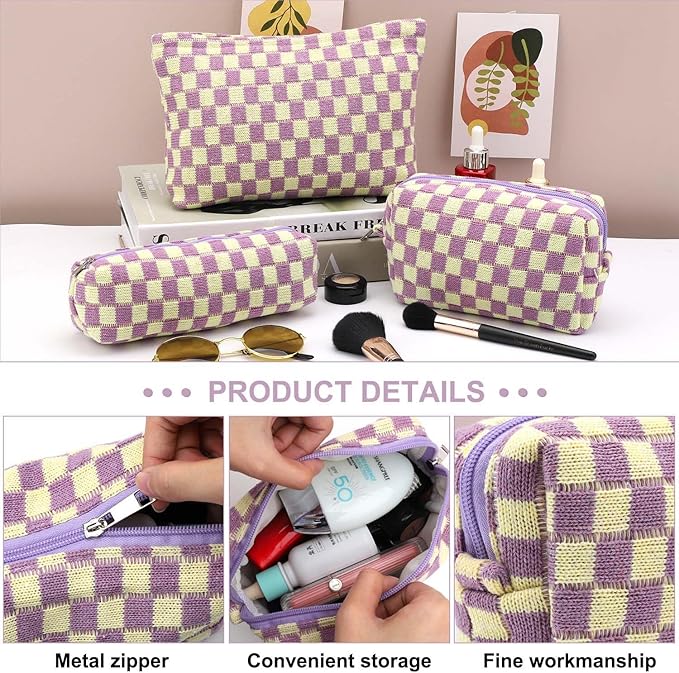 EIMMBD Makeup Bags 3 Pieces Large Capacity Checkered Cosmetic Bag Travel Toiletry Organizer Cute Makeup Pouch Storage for Women(Purple)