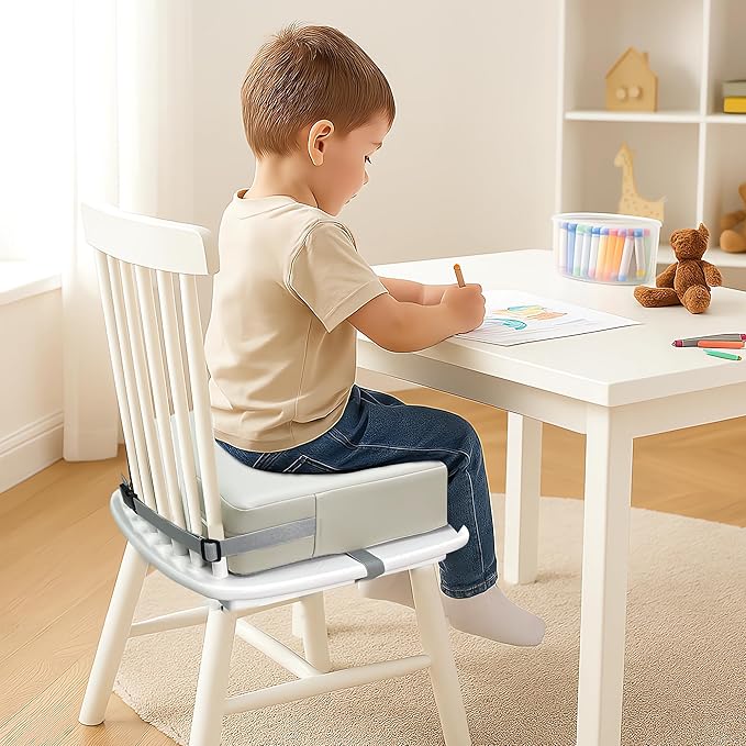 Toddler Booster Seat Dining Table Kitchen Chair, Waterproof Anti-Scratch PU Cushion, Non-Slip Bottom, Adjustable Buckle Straps, Easy Clean Portable Seat Cushion (Light Gray)
