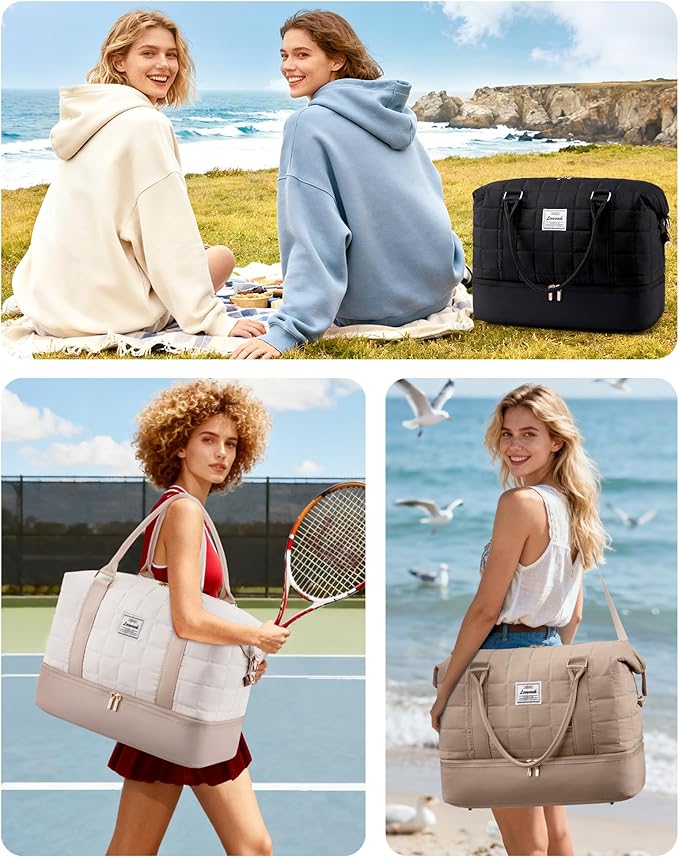 LOVEVOOK Travel Duffel Bag - Versatile Weekender Bag for Women, Puffer Carry On & Overnight Bag for Short Trips, White/Nude