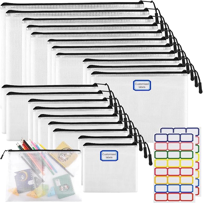 YOPCDJ 20pcs Multisize Mesh Zipper Pouch, Waterproof Bags for Office Supplies, 8 Sizes Waterproof Plastic Document Pouch, Bags for Travel Storage, Office Supply and Home Organize