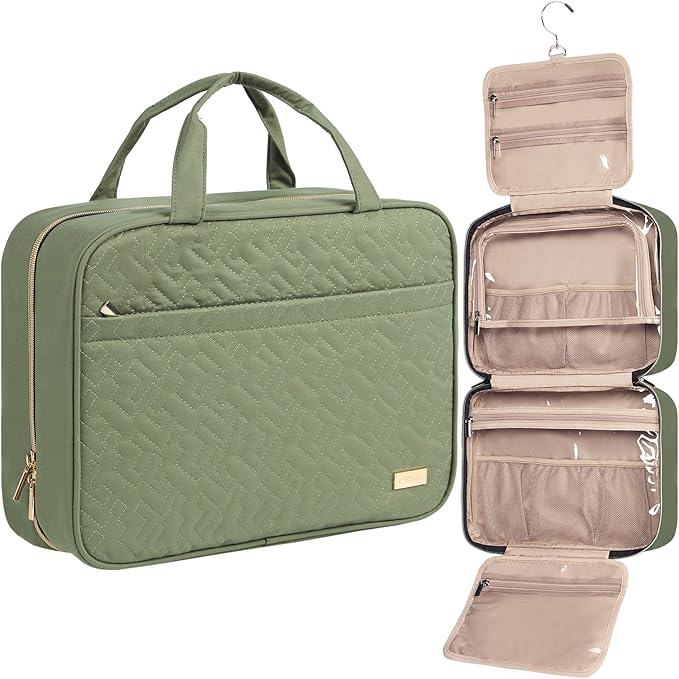 NISHEL Travel Toiletry Bag for women, Portable Hanging Organizer for Family-Sized Shampoo, Conditioner, Brushes Set, Makeup Accessories, Extra Large Size, Green
