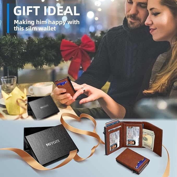 miyozi Wallet for Men,with Cash Pocket 2 ID Window 9-13 Cards,Metal Case Smart Slim Pop Up Credit Card Holder Flip with Magnetic Closure RFID Blocking Trifold wallet with Gift Box