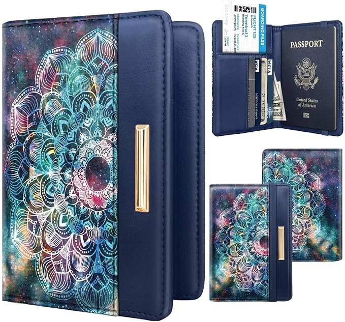 Passport Holder Cover,Traveling Passport Case Cute Navy Blue Passport Wallet for Women,Nebula
