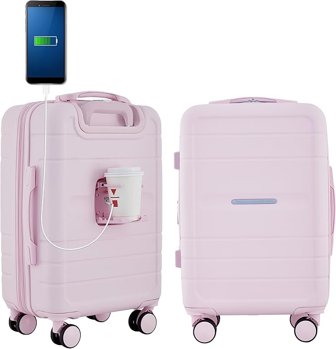French Connection St. Martin Carry-On Luggage with Cup Holder/USB Ports, Pink A Boo