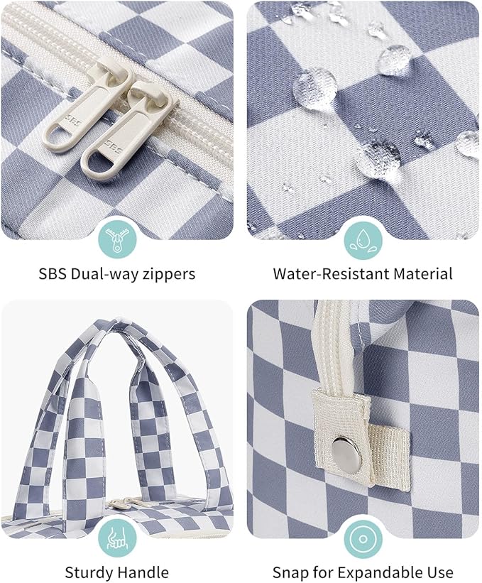 Narwey Travel Toiletry Bag for Women Checkered Large Capacity Makeup Bag Wide Open Cosmetic Make Up Organizer with Wet Pocket for Towel Travel Bag for Toiletries Essentials (Greyish Blue Checkerboard)