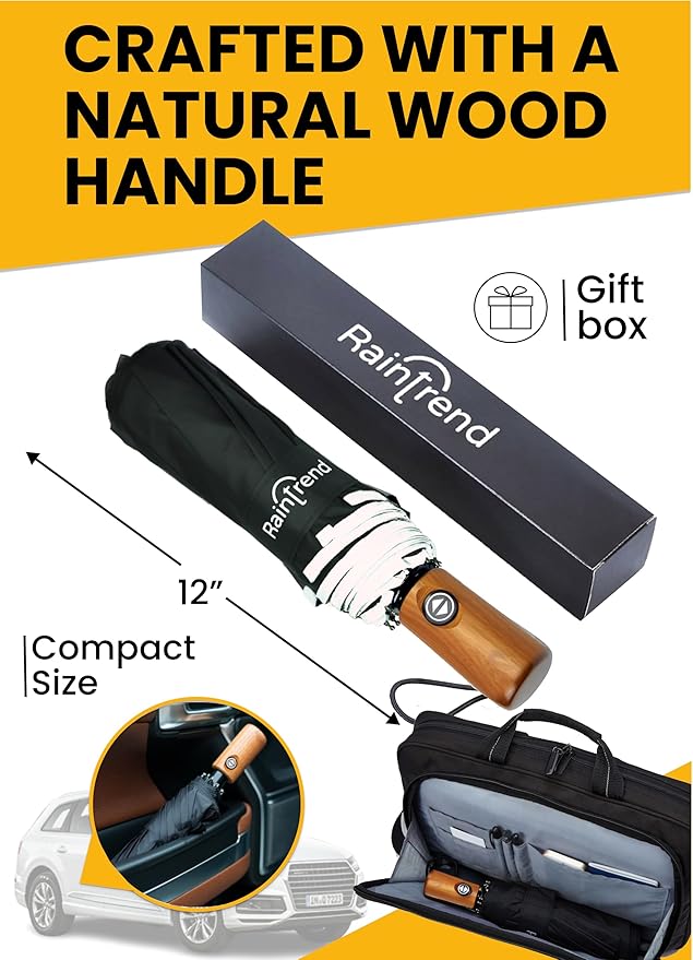 Raintrend Windproof Travel Umbrellas for Rain Automatic +10% Bigger Canopy Strong Frame Compact Folding Portable Umbrella for Women Men Backpack Purse