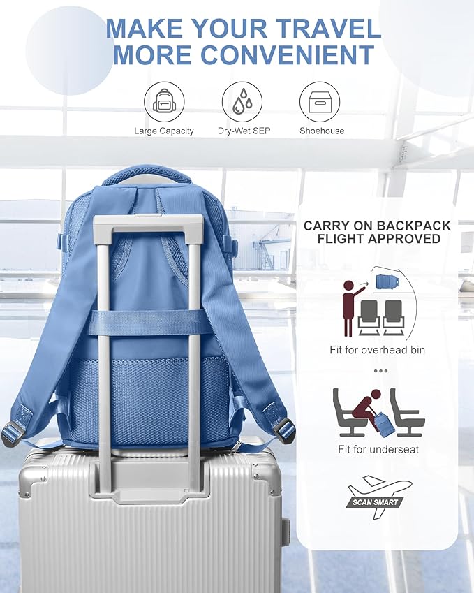 coowoz Travel Backpack for Women Man Carry On Backpack Mochila de Viaje Waterproof Teacher Personal Item Backpack Travel Bag Essentials Rucksack Airplane Accessories Must Haves Sky Blue Small