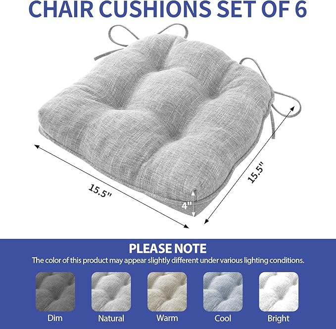 Chair Cushions for Dining Chairs Set of 6, Kitchen Chair Cushions, Chair Pads with Ties and Non Slip Backing, Tufted Memory Foam Seat Cushion 6 Pack, 15.5" x 15.5" x 4", Light Gray