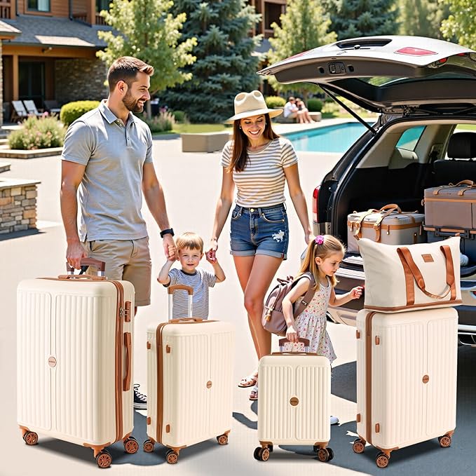 Hoteel Luggage Sets 6 Piece ABS+PC Hardside, 4-Year Warranty, Luggage Set with Spinner Wheels, TSA Lock, Lightweight Carry on Luggage, 16"/20"/24"/28" Suitcase with Duffel & Organizer, Beige