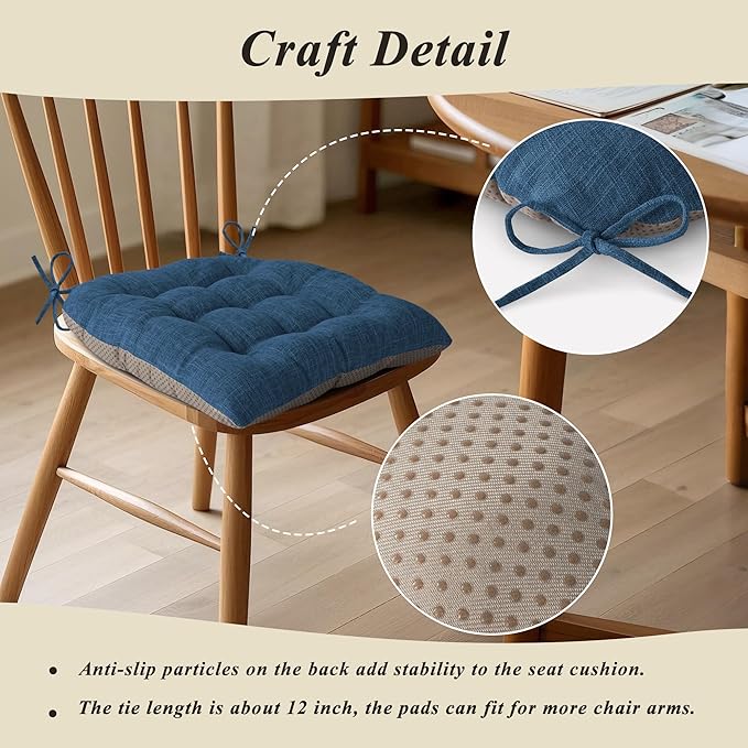 Chair Cushions for Dining Chairs Set of 2 Durable D-Shaped Seat Cushions with Non-Slip Backing Secure Ties Thick Cozy Seat Pad for Kitchen Dining Room Office(18x16.5x3in Navy)