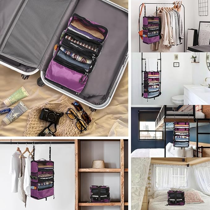 Surblue Travel Hanging Luggage Organizer Portable Suitcase Closet Organizer Multiple Compartments Collapsible Compression Packing Cubes Shelf, Purple, S