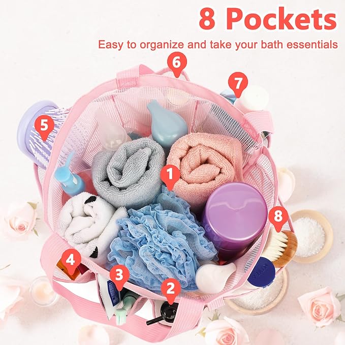 Fammart Mesh Shower Caddy Portable for College Dorm Room Essentials, 8-Pocket Large Shower Basket Tote Bag with 2 Handles for Toiletry, Bathroom, Beach, Camp, Gym