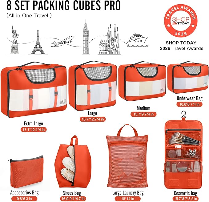 Veken 8 Set Packing Cubes for Travel Essentials, Suitcase Organizer Bags in 4 Sizes, Carry-On Luggage Accessories with Large Laundry & Hanging Toiletry Bag, Must-Have for Airplane, Road Trip & Camping