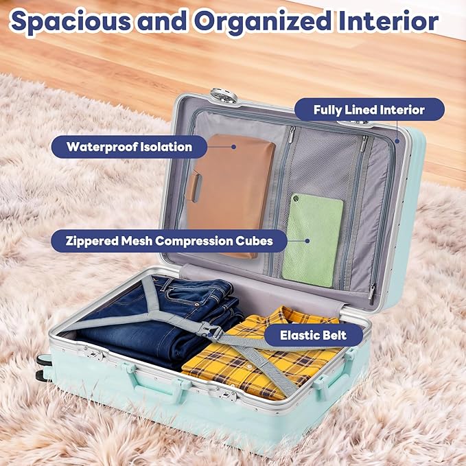 20 Inch Carry On Luggage, Zipperless Luggage with Spinner Wheels, Airline Approved Suitcase with Cup Holder, TSA Lock and USB Charger for Travel, Mint Green