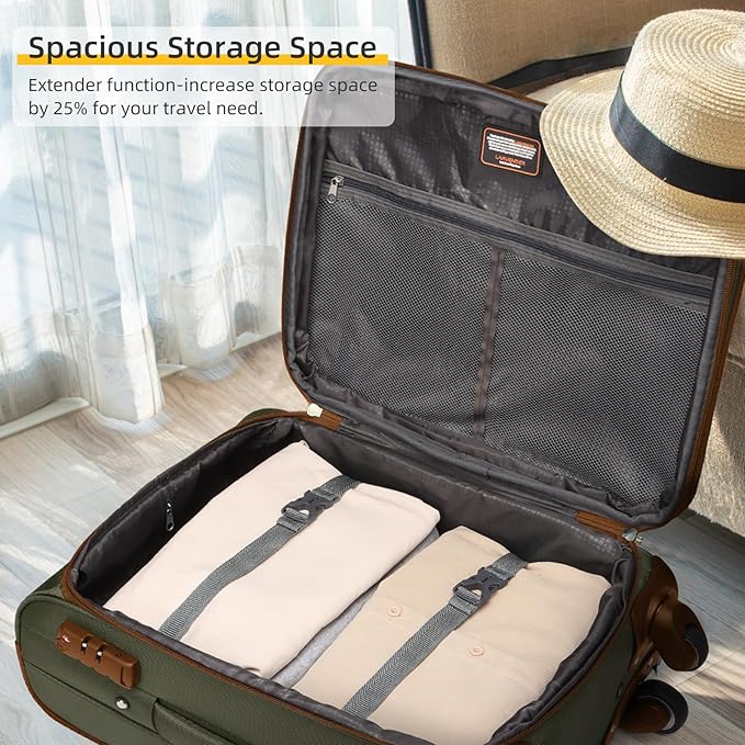 LARVENDER Softside Luggage Sets 3 Piece, Expandable Carry on Luggage 22x14x9 Airline Approved with TSA Lock Spinner Wheels, Lightweight Rolling Suitcase for Men and Women, Green/Brown
