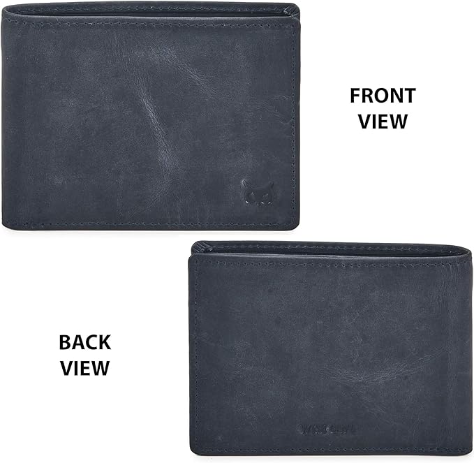 Real Leather Mens Bifold Wallet RFID Blocking Slim Minimalist Front Pocket - Thin & Stylish with ID Window in Gift Box (Crazy Horse, Navy)