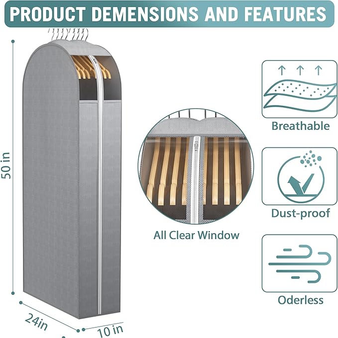 Liuoud 10" Gusseted Garment Bags for Hanging Clothes with Clear Window 50" Suit Bags for Open Closet Storage, Clothing Cover for Coat, Dress, Jacket, Shirt, Fur Wardrobe Protector, 4 Packs
