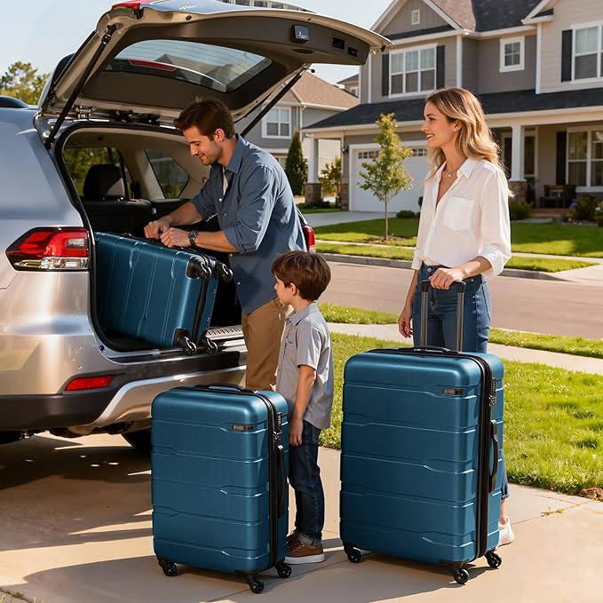 Coolife Luggage Set 3 Piece Hardside PC+ABS Suitcase with TSA Lock, Expandable Large Checked Luggage, Lightweight Rolling Carry On with Spinner Wheels(20/24/28 Inch, Caribbean Blue)