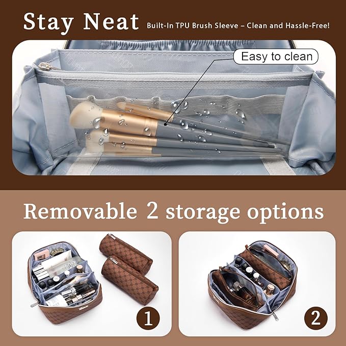 BOYATU Travel Makeup Bag Cosmetic Bags for Women: 3 Pcs Set Large Capacity Make up Bag with Handle - Vegan Leather Toiletry Bags with Compartments - Makeup Organizer for Travel Essentials(A-6-Brown)