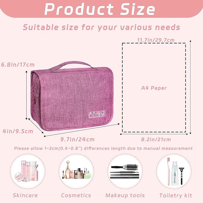 Toiletry Bag Travel Bag with Hanging Hook, Waterproof Capacity Hanging Multifunctional Makeup Bag for Toiletries, Portable Cosmetic Bag Travel Organizer for Women and Men(Purple)