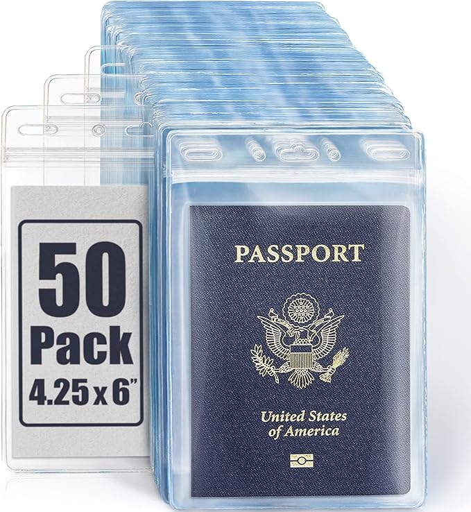 Mifflin-USA Passport & Card Holders (Clear, 4x6 inch, 50 Pack), Extra Large (XXL) ID Name Badge Holder, Waterproof Vertical Plastic Card Holders