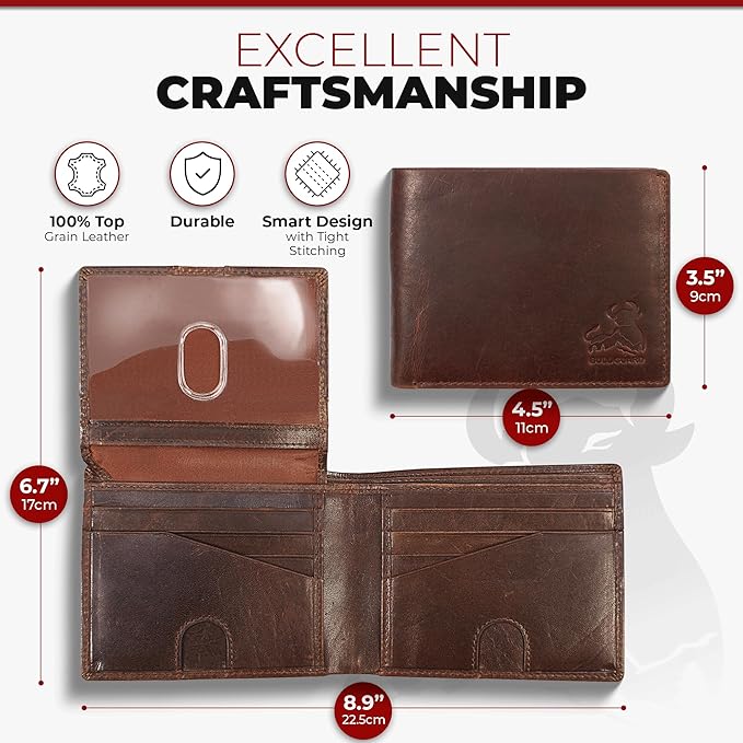 Mens RFID Blocking Bifold Wallet Supple Top Grain Leather Secure and Durable Extra Capacity Billfold with 11 Credit Cards Slots, Flip Up ID, Tight Stitching, Quick Thumb Push Access in Grizzly Brown