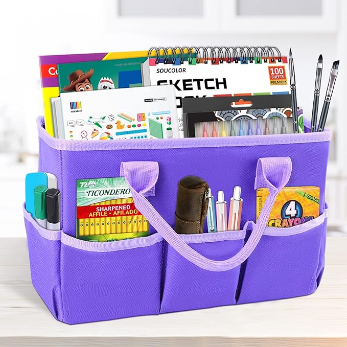 Godery Desktop Tote and Organizer, Teacher Helper caddy Bag for Arts, Books, Stationery, Office Desk Organization, Make-up Storage with Handles for Travel (PINK)