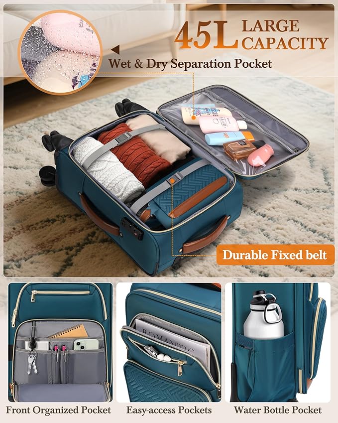 RAINSMORE Carry On Luggage 22x14x9 Airline Approved, 20 Inch Softside Suitcases with Wheels, 3 Piece Luggage Sets, Rolling Carry On Suitcase with TSA Lock for Travel Weekender