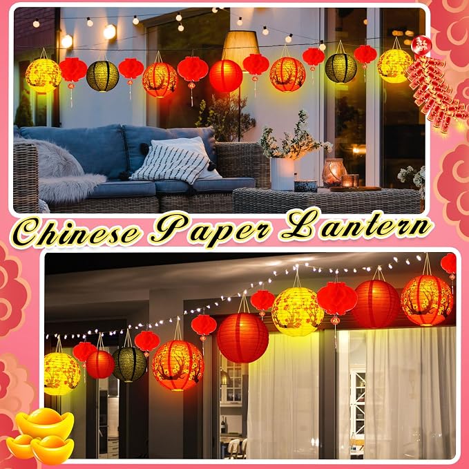 30 Pcs Chinese Japanese Paper Lanterns with LED Light, 2026 Chinese Lunar New Year Decoration Cherry Blossom Red Hanging Lanterns for Spring Festival Home Decor(Multi Size,Red, White, Black)