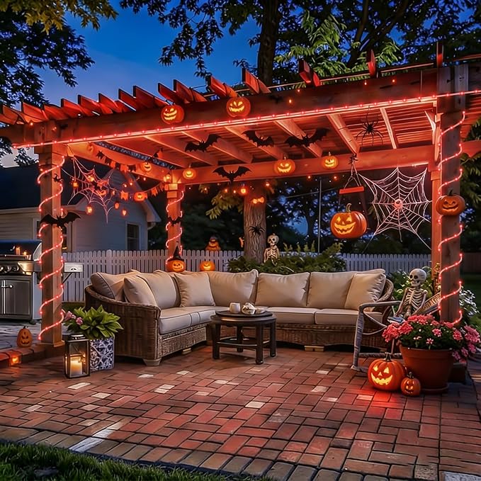 YEGUO Red Solar Halloween Lights, 66ft 200 LED Solar Rope Lights Outdoor Waterproof, 8 Modes Fairy Lights in Clear Thin Tube