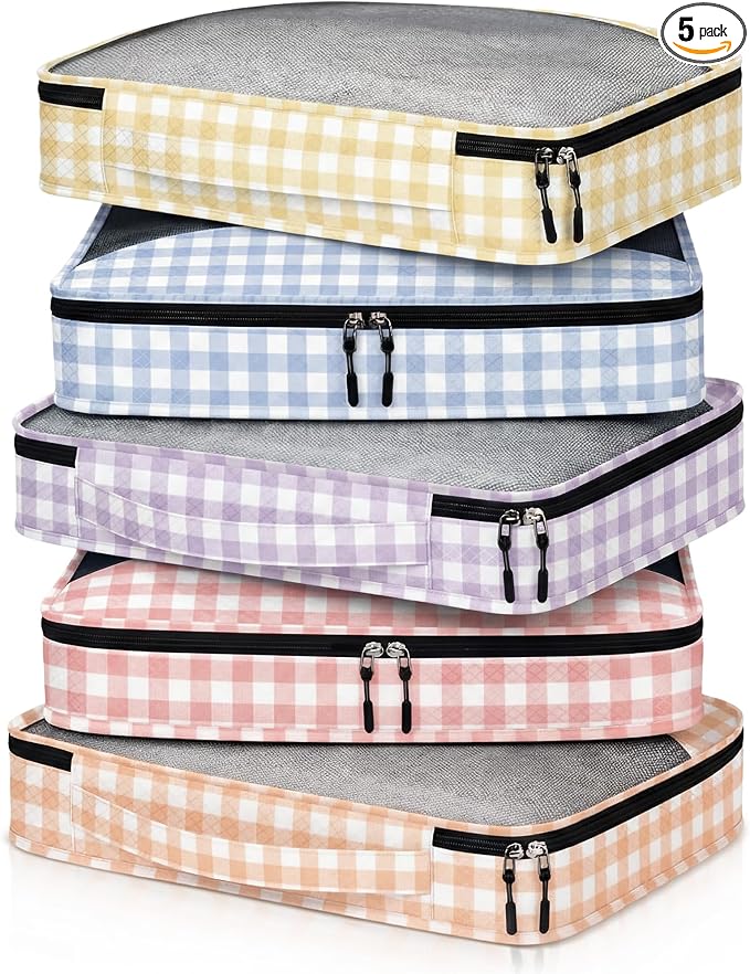 5 Pcs Packing Cubes for Suitcase Large Travel Cubes Carry on Luggage Organizer Bags for Clothes Accessories(M,Plaid)