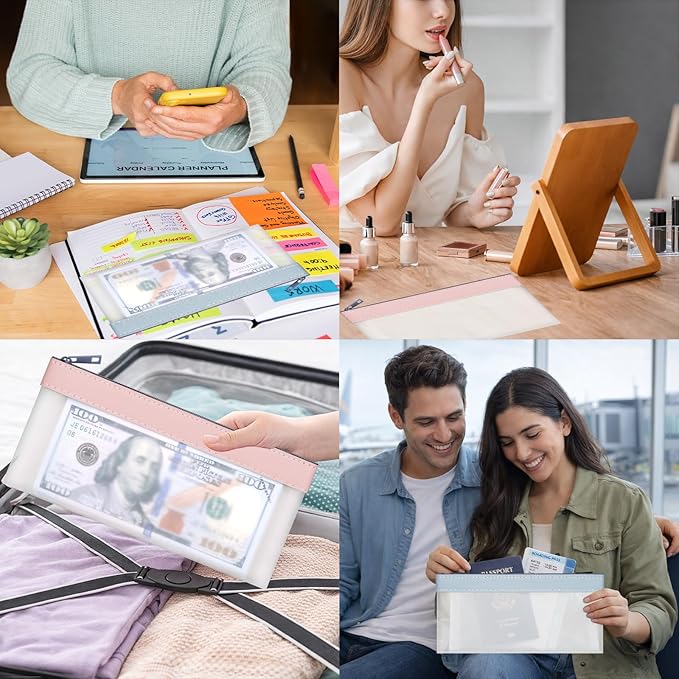VOCHIC 4-Piece Multi-Purpose Money Bag - Money Bags with Zipper, Money Pouch Set 7.6 X 3.7 Inch, Clear Zipper Cash Envelopes, Bank Deposit Bags for Coins, Invoice, Makeup Bills Receipts Tool Storage