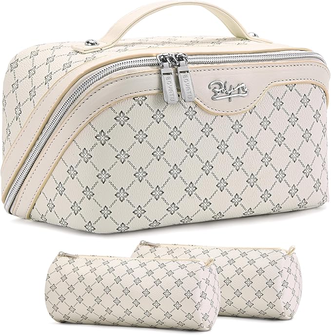 BOYATU Travel Makeup Bag Cosmetic Bags for Women: 3 Pcs Set Large Capacity Make up Bag with Handle - Vegan Leather Toiletry Bags with Compartments - Makeup Organizer for Travel Essentials(A-8-White)