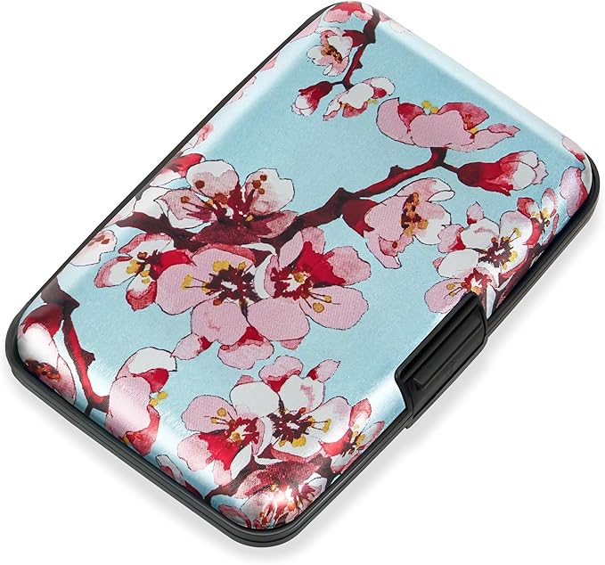 Mayski Credit Card Holder, RFID Blocking, Aluminum Alloy Hard Case, Small Mini Business Metal Wallet for Women Men, Peach Blossom