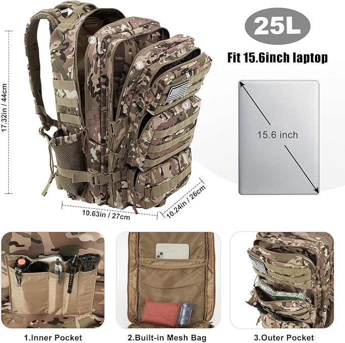 Military Tactical Backpack 25L Day Backpack for Men Molle Army 3 Days Assault Pack Bug Out Bag Water Resistant and Heavy Duty Hiking Treeking Rucksack - Camouflage